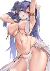 1girl absurdres alternate costume armpits arms up bikini black halo blue archive breast curtains breasts commentary req…