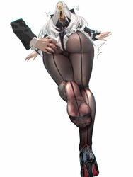 1boy 1girl absurdres agaver123 ass black jacket black pantyhose black unitard bodystocking commentary request disembodi…
