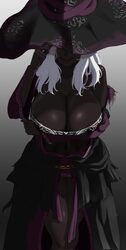 1girl alt text areola slip arm under breasts bare shoulders black background black dress black skin breasts clarkekitsp…