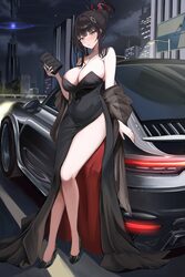 1girl absurdres bag bare legs black dress black hair black shoes blue archive blunt bangs blush breasts car city cleava…