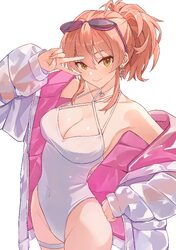 1girl absurdres b1ack illust bare shoulders breasts casual one-piece swimsuit cleavage closed mouth collarbone commenta…