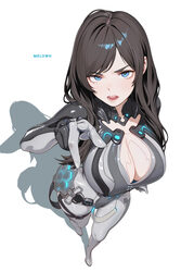 1girl absurdres black bodysuit black hair blue eyes bodysuit breasts cleavage commentary english commentary full body g…
