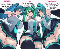 3girls alternate breast size (larger) aqua eyes aqua hair aqua necktie black skirt black thighhighs blush breasts comme…