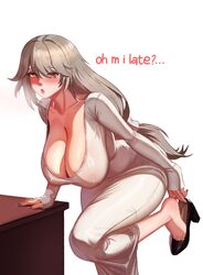 1girl absurdres adjusting footwear alexandrina sebastiane breasts cleavage commentary desk dress english commentary eng…