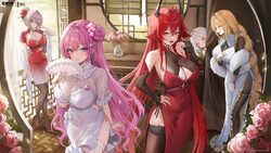5girls absurdres black horns black thighhighs blonde hair blurry braid breasts chinese clothes chinese commentary cleav…