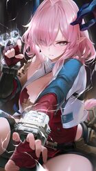1girl arknights arknights  endfield black shorts blue horns breasts cleavage closed mouth commentary electricity eyes v…