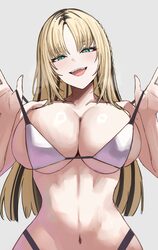 1girl  d absurdres alternate costume bikini black streaks blonde hair blunt ends braid breasts curtained hair fangs gre…