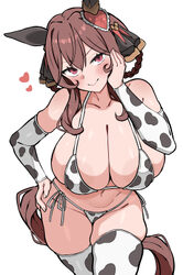 1girl absurdres animal ears animal print areola slip bikini blush breasts brown hair commentary request cow print cow p…
