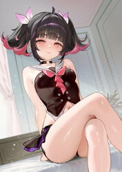 1girl absurdres black hair black leotard black skirt breasts closed mouth commentary request crossed legs curtains hair…