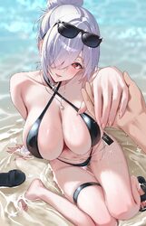 1boy 1girl absurdres arm support bare shoulders bikini black-framed eyewear black choker black sandals black slingshot …