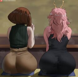 2girls antennae ashido mina ass black dress black sweater blurry blurry background boku no hero academia brown hair bro…