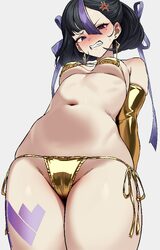 1girl absurdres anger vein arms behind back bikini black hair blush breasts clenched teeth commentary elbow gloves glov…
