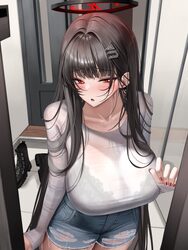 1girl absurdres alternate costume black boots black hair blue archive blush boots bra visible through clothes breasts b…