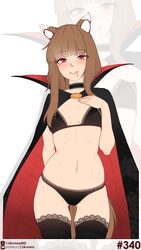 1girl absurdres animal ear fluff animal ears artist name black bra black cape black choker black panties black thighhig…