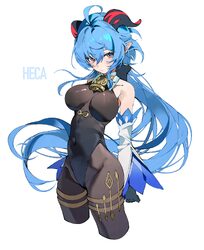 1girl ahoge bare shoulders bell black gloves black leotard black pantyhose blue hair blush bodystocking breasts charact…