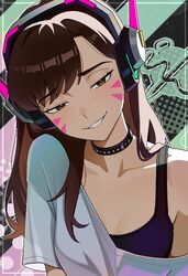 1girl absurdres alternate costume artist name black choker black sports bra breasts brown hair choker commentary d.va (…