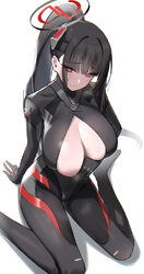 1girl absurdres arm under breasts black hair black halo blue archive blunt bangs blush bodysuit breasts center opening …