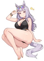 1girl absurdres animal ears arm support barefoot black one-piece swimsuit blush bracelet breasts casual one-piece swims…