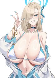 1girl alternate costume asuna (blue archive) bangle bare shoulders bikini blonde hair blue archive blue eyes blue halo …