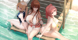 3girls absurdres arm behind back azur lane bare shoulders bikini blonde hair blue eyes blue one-piece swimsuit breasts …