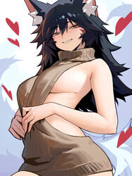 1girl ahri (league) alt text animal ear fluff animal ears backless sweater bare back black hair breasts brown eyes brow…