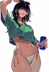 1girl arm above head bikini black hair blunt bangs bracelet breasts can commentary cover bikini girl (gta vi) (pose) co…