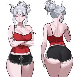 1girl absurdres alternate costume black shorts breasts cross demon girl demon horns dolphin shorts hair bun helltaker h…