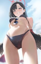 1girl absurdres artistic error ass visible through thighs bikini black bikini black hair black wings blue archive blurr…