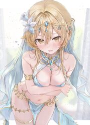 1girl alternate costume arms under breasts bare shoulders blonde hair blue gem blue loincloth blush breasts cleavage cl…