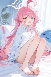 1girl  3 absurdres ahoge ankle bare legs barefoot blue archive blue eyes blush chaoji da yuwan chinese commentary colla…