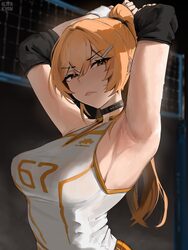 1girl 67 (meme) alterkyon armpit focus armpits arms behind head arms up bee (alterkyon) black choker blonde hair breast…