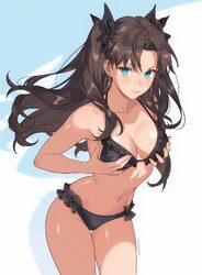 1girl bikini bilingual commentary black bikini black hair blue eyes breasts cleavage commentary earrings fate/stay nigh…