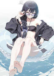 1girl aoi sakura (seak5545) bare shoulders barefoot bikini black bikini black hair blue archive braid breasts feet halo…