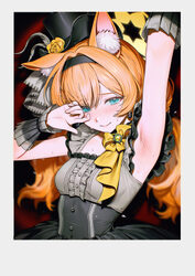 1girl absurdres animal ear fluff animal ears ariko (aaaaarik) arm up armpit focus armpits black hairband black hat blac…