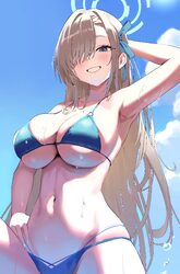 1girl absurdres alternate costume armpits arms up asuna (blue archive) bikini blonde hair blue archive blue bikini blue…