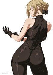 1girl adjusting clothes adjusting gloves alternate costume ass back backboob bare shoulders black bodysuit black gloves…