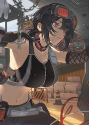 1girl asymmetrical gloves black hair black sports bra breasts commentary request construction site fishnet gloves fishn…