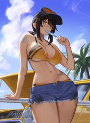1girl absurdres alternate costume alternate hairstyle bikini black hair blue sky breasts car cloud cowboy shot cutoffs …