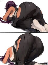 1girl 2koma absurdres all fours artist name ass ass focus black hakama black kimono bleach breasts clothing cutout comi…