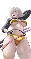 1girl ahoge arm up bikini black choker black gloves blush breasts choker commentary request fate/grand order fate (seri…