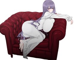 1girl barefoot blunt bangs breast press breasts closed mouth commentary couch dress eurasia (wtp09ptw14) francoise (eur…