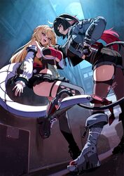 2girls ahoge asymmetrical legwear bare shoulders black boots black hair black pantyhose black shorts black skirt black …