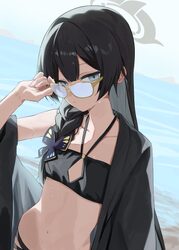 1girl absurdres adjusting eyewear bikini black bikini black hair black robe blue archive braid braid over shoulder butt…