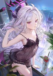 1girl ahoge alternate costume ariko (aaaaarik) babydoll barefoot black babydoll black halo black horns black negligee b…