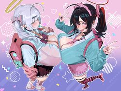 2girls absurdres ahoge aqua cardigan aqua nails arm at side backpack bag between breasts bilingual commentary black hai…