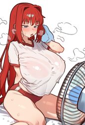 1girl absurdres aozaki aoko blue eyes blush breasts buruma ebora electric fan gym uniform highres hot huge breasts long…