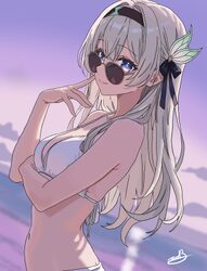 1girl batzsumi beach bikini black hairband blurry blurry background breasts cleavage commentary finger to cheek firefly…