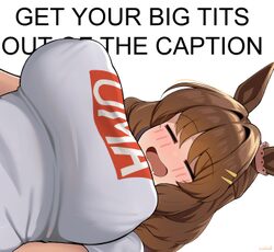 1girl animal ears blush breasts brown hair closed eyes commentary drooling english text from below get them bigass ears…