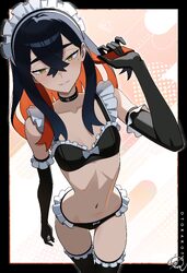 1girl absurdres artist name bikini black choker black gloves black hair breasts carmine (pokemon) choker commentary cro…