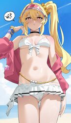 1girl absurdres ahoge beach bikini blonde hair blue sky blush breasts closed mouth cloud day from below haerge highres …